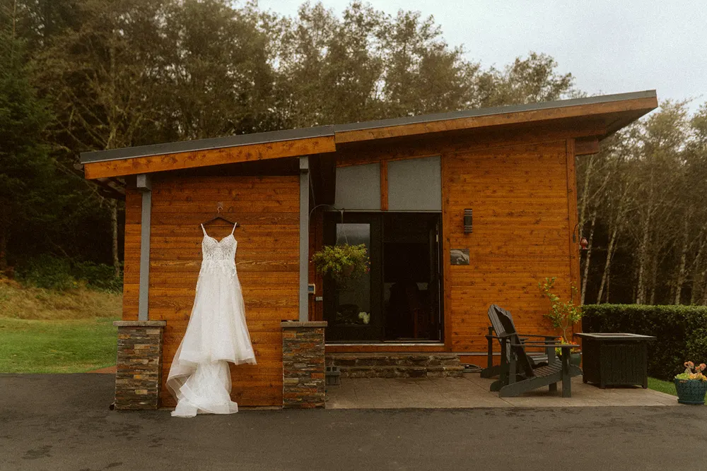 Wedding dress outside the cabin