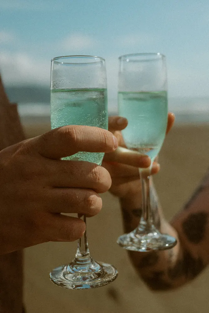 Raising champagne glasses by the coast