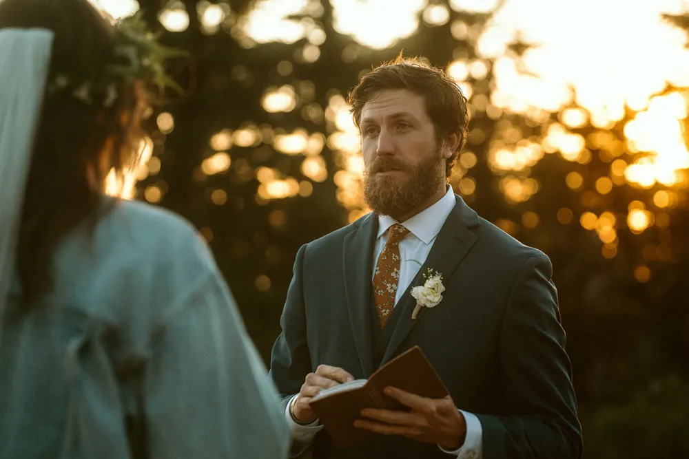 Reading vows in golden evening light