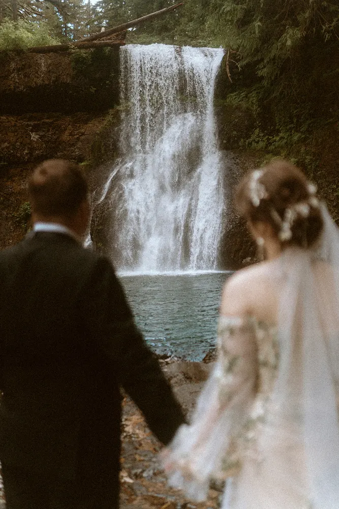Holding hands facing the waterfall